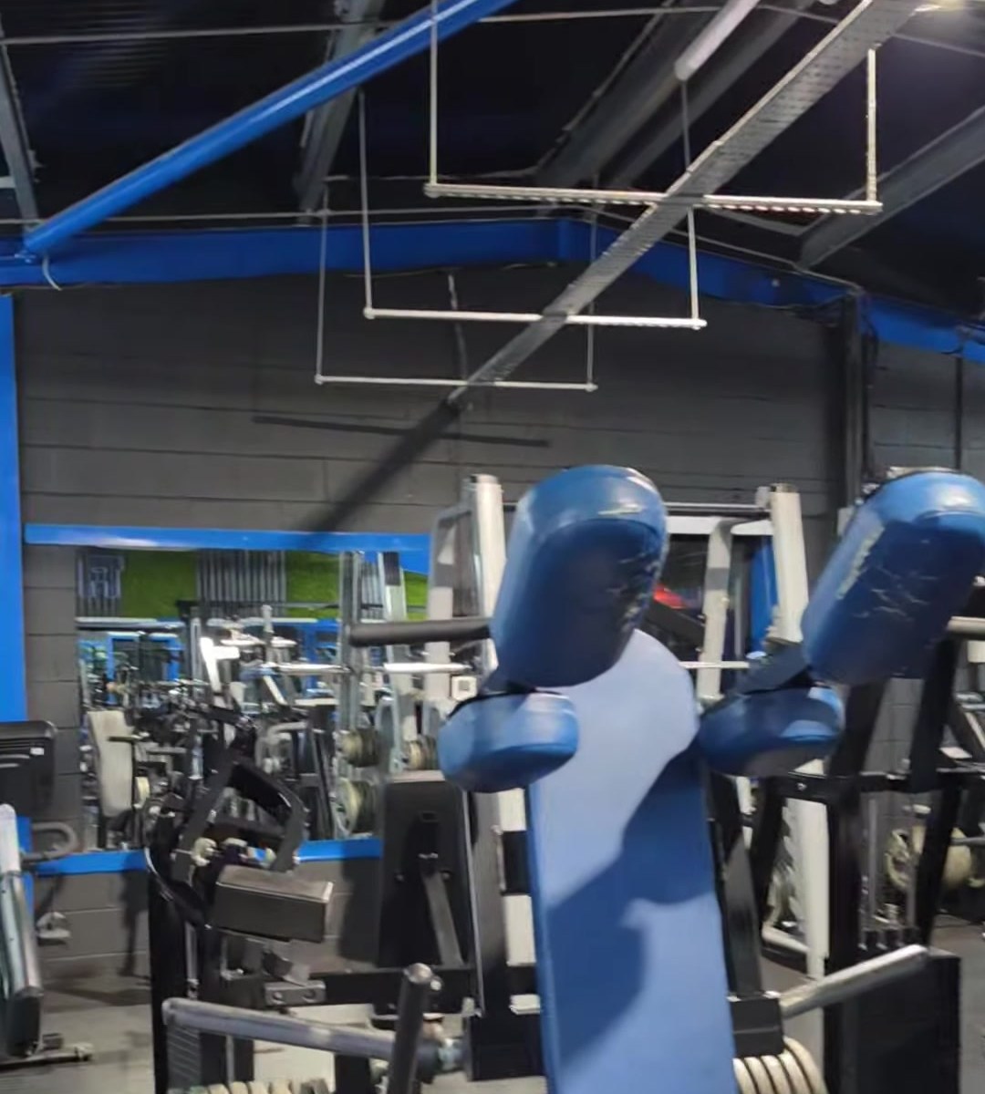 Blue-padded plate-loaded chest machine on the gym floor
