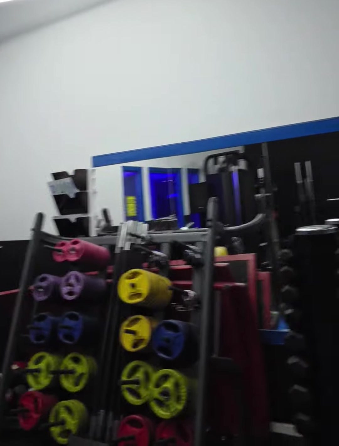 Colourful bumper plates stacked on a rack beneath a hexagon light